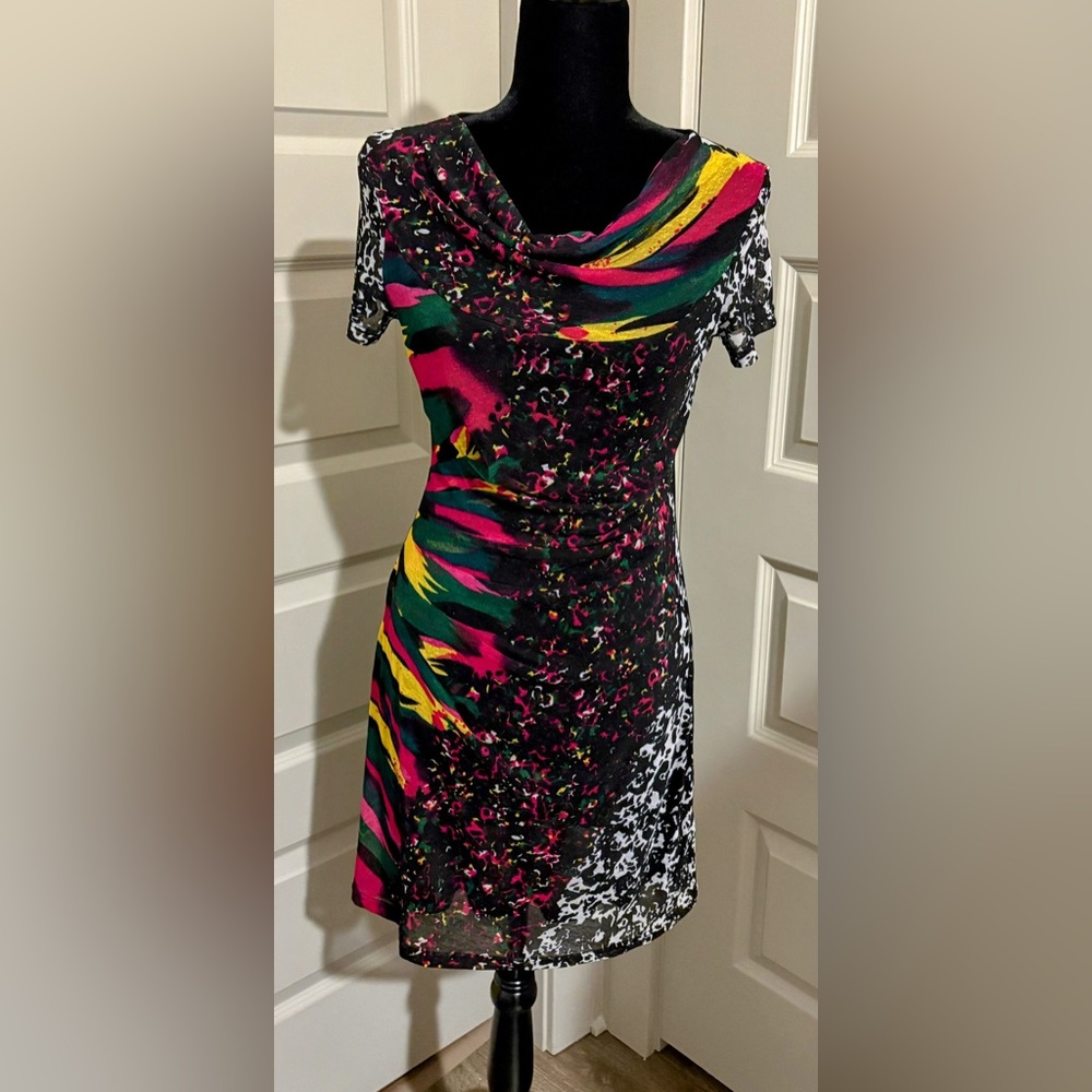 Vintage La El Couture Multicolor Abstract Print Shirred Cowl Neck Mini Dress